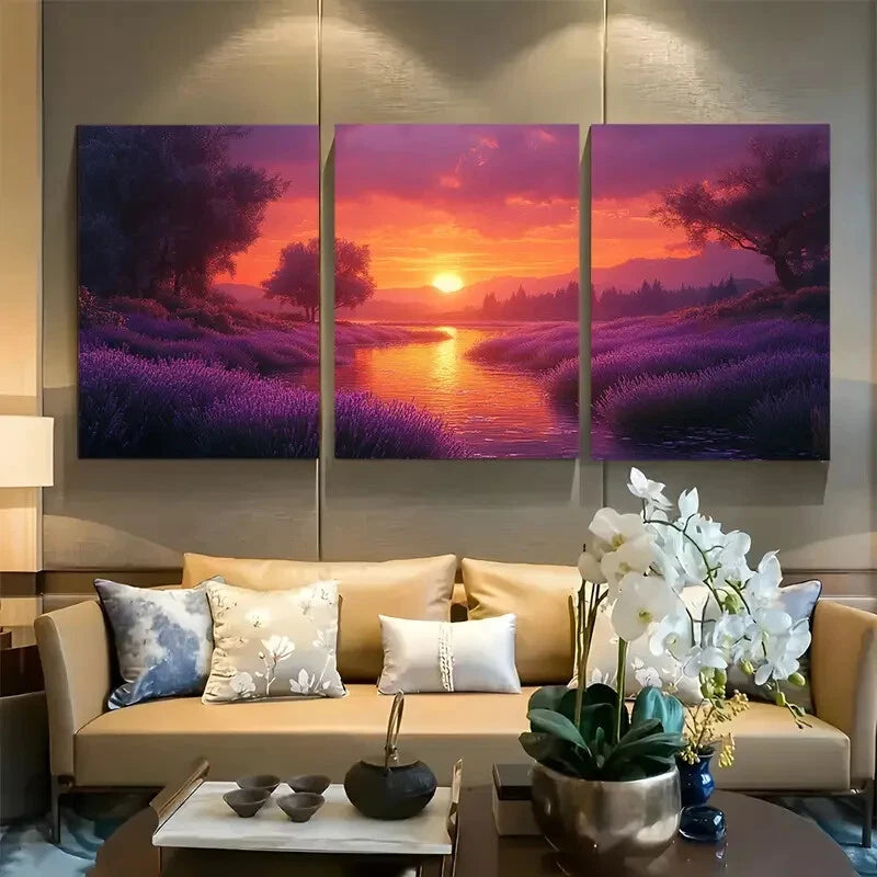 3pcs Mystical Hidden Valley with Lavender Sunrise Metal Print Ready to Hang Art