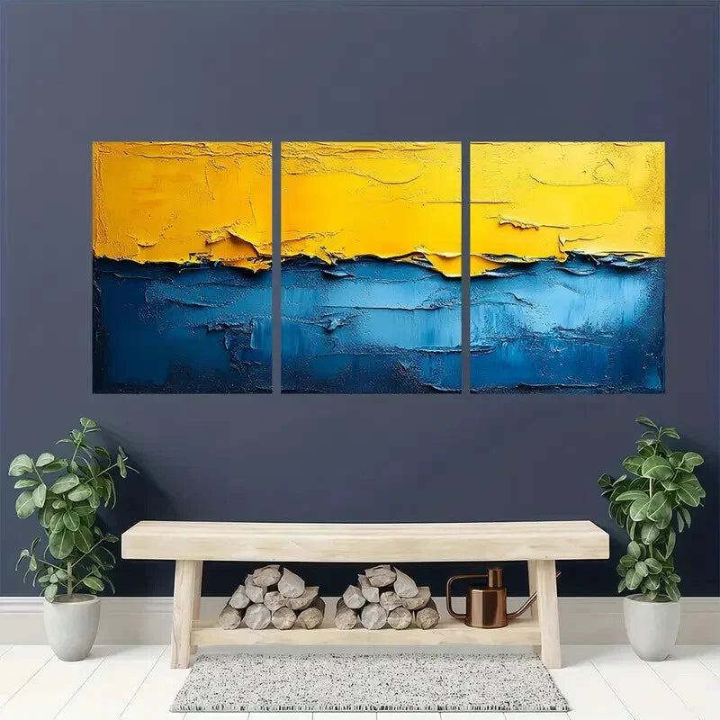 3pcs Minimalist Abstract Blue & Yellow Geometric Metal Print Ready to Hang Art