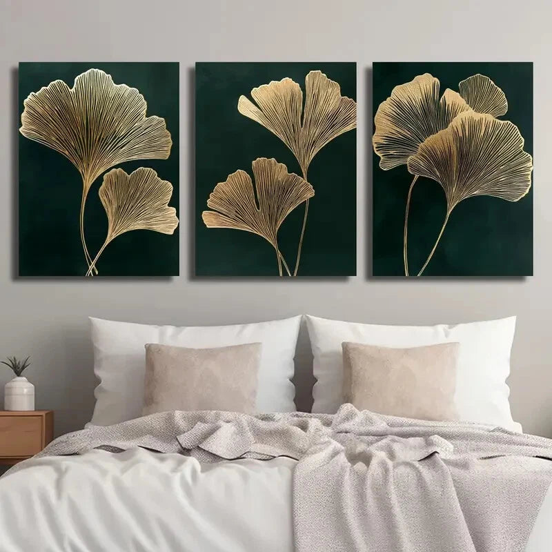 3pcs Emerald Green Golden Ginkgo Metal Print Ready to Hang Art