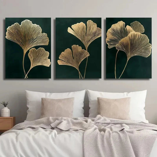 3pcs Emerald Green Golden Ginkgo Metal Print Ready to Hang Art