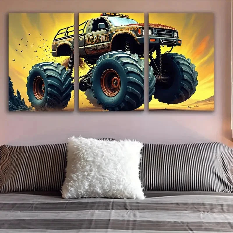 3pcs Monster Trucks Flying By Wall Art Set Canvas Framed 60x90cm - High Quality Print 100% Australian Made Wall Canvas Ready to Hang