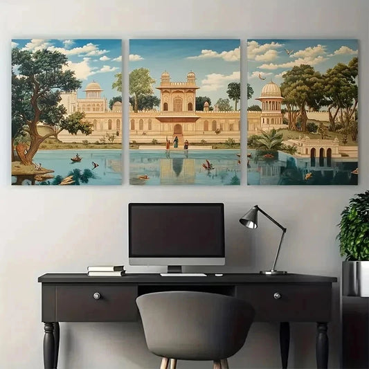 3pcs Mughal Era Palace Scene Décor Perfect Wall Art Set Canvas Framed 40x60cm - High Quality Print 100% Australian Made Wall Canvas Ready to Hang