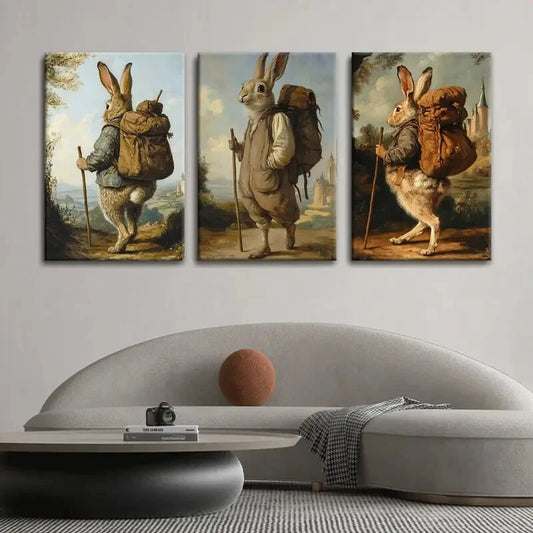 3pcs Rabbit Traveler Carrying a Bag Metal Print Ready to Hang Art
