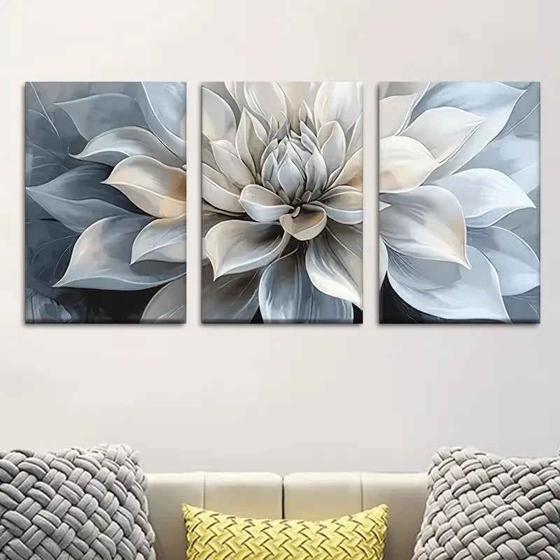 3pcs Beige Gray White & Blue Abstract Floral Metal Print Ready to Hang Art