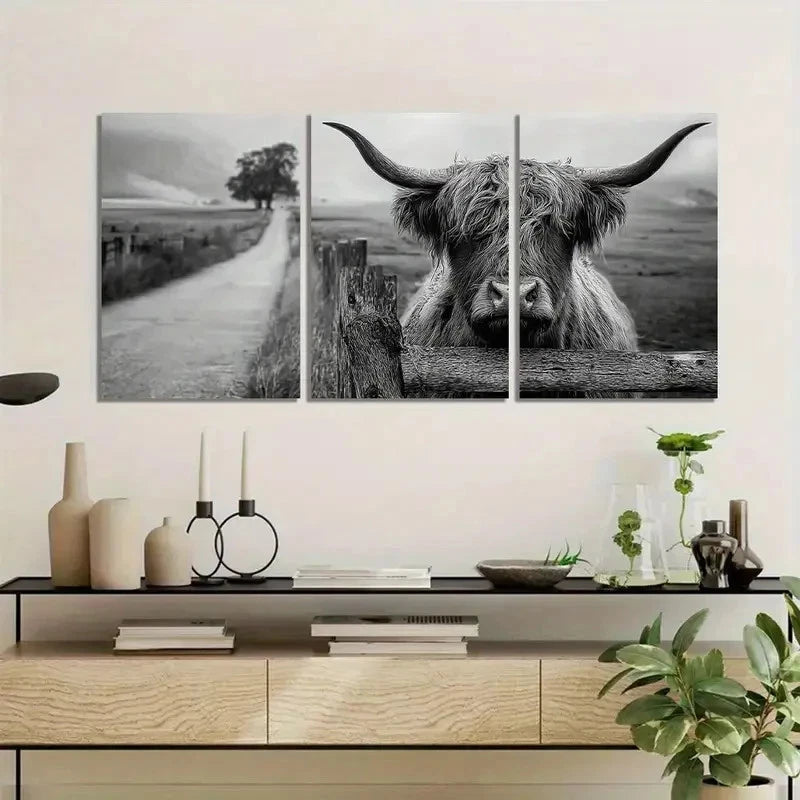 3pcs Black-and-White Highland Cow Behind a Fence Metal Print Ready to Hang Art