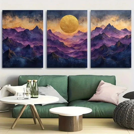 3pcs Purple Mountains and Golden Sunset Metal Print Ready to Hang Art