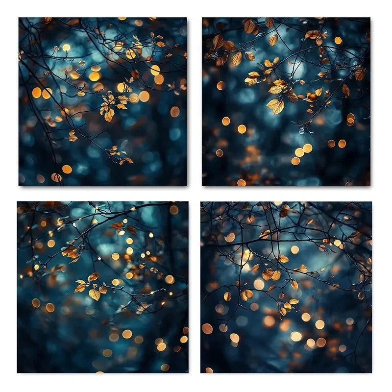4pcs Stylish Golden & Blue Bokeh Wall Art Canvas Framed