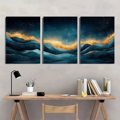 3pcs Teal Golden Dots Modern Abstract Painting Metal Print Ready to Hang Art
