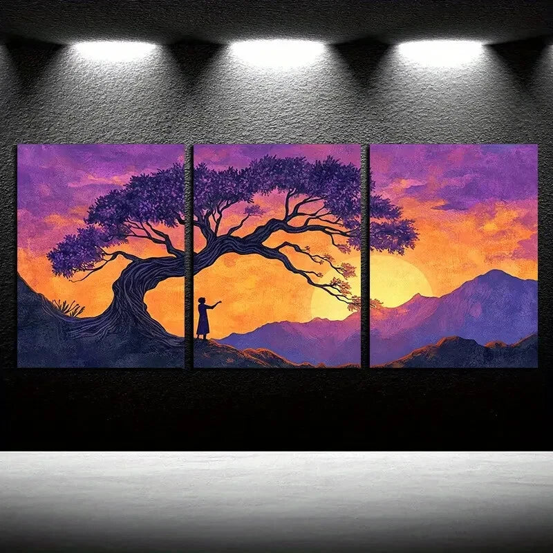 3pcs Sunset Tree Landscape, Purple Sky Design Metal Print Ready to Hang Art