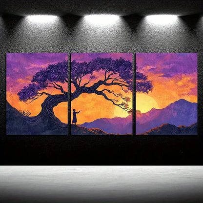 3pcs Sunset Tree Landscape, Purple Sky Design Metal Print Ready to Hang Art