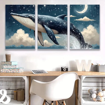 3pcs Majestic Whale Head with Starry Night Sky Wall Art Set Canvas Framed 50x70cm - High Quality Print 100% Australian Made Wall Canvas Ready to Hang