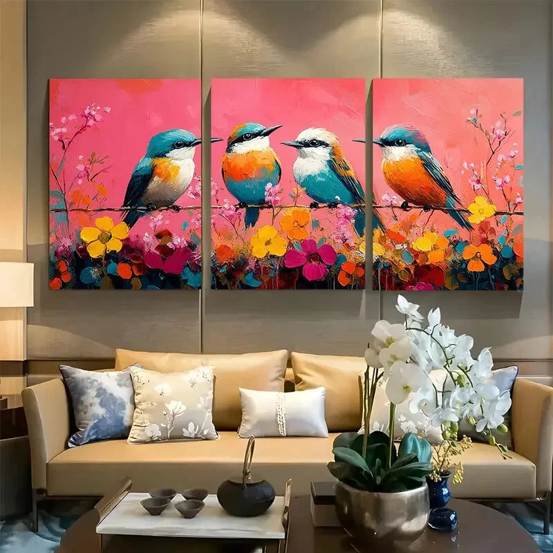 3pcs Birds on Branch with Colorful Florals Design Metal Print Ready to Hang Art