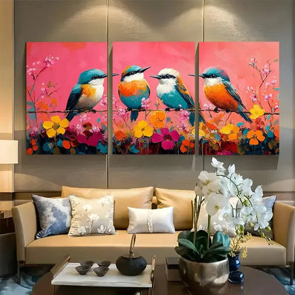 3pcs Birds on Branch with Colorful Florals Design Metal Print Ready to Hang Art