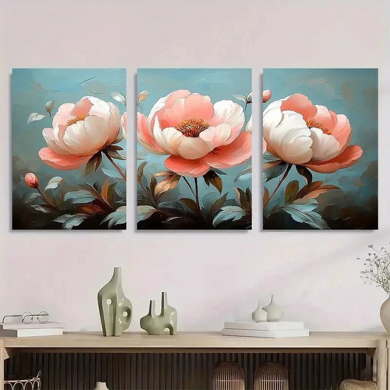 3pcs Vintage Pink & White Floral Botanical Metal Print Ready to Hang Art