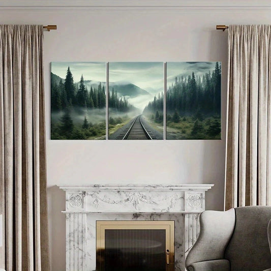 3pcs Misty Forest Railway Tracks Mountain Metal Print Ready to Hang Art
