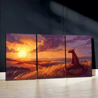 3pcs A Young Dragon Watching The Sunset Canvas Framed 60x90cm - High Quality Print 100% Australian Made Wall Canvas Ready to Hang