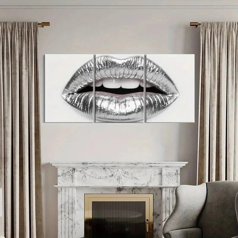 3pcs Silvery Metallic Lips Art Glamorous Design Metal Print Ready to Hang Art