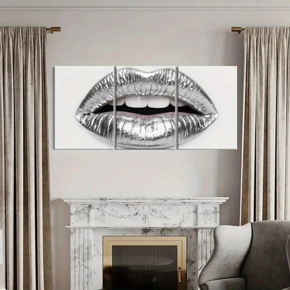 3pcs Silvery Metallic Lips Art Glamorous Design Metal Print Ready to Hang Art