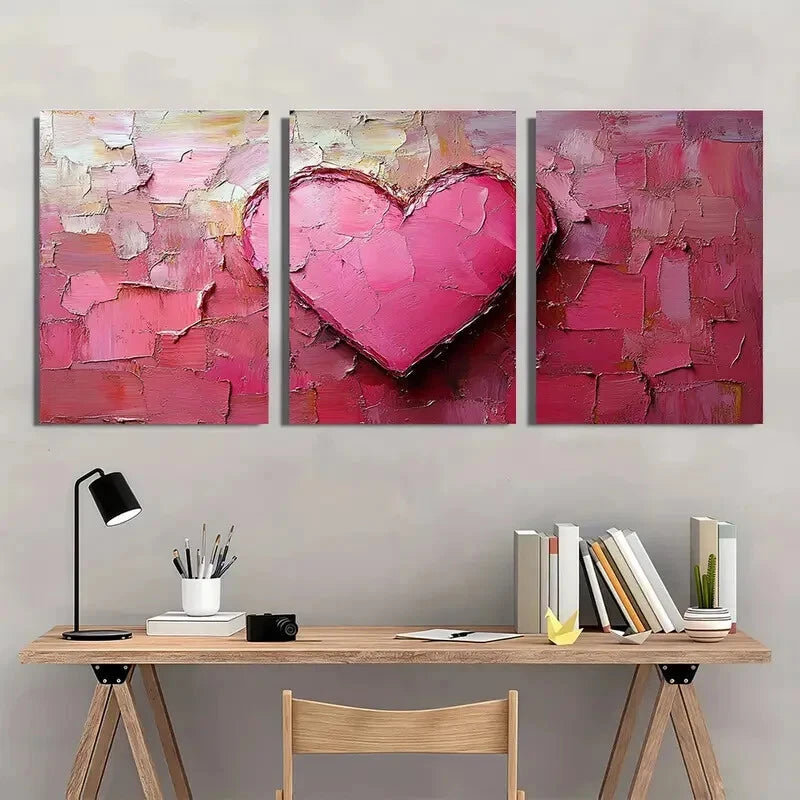 3pcs Heart Art Oil Painting Set Brushstroke Design Metal Print Ready to Hang Art