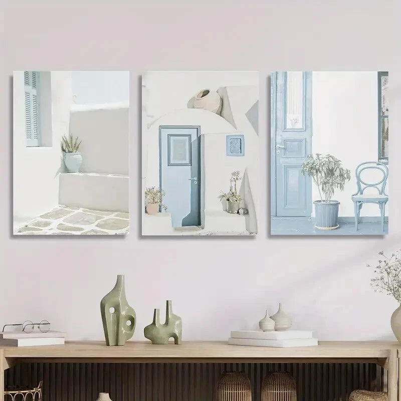 3pcs Santorini Island Blue Doors &amp; Porches Metal Print Ready to Hang Art