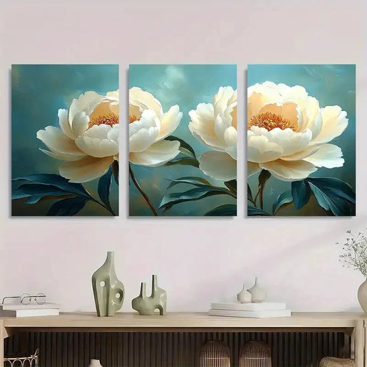 3pcs Elegant White Peony Light & Natural Metal Print Ready to Hang Art