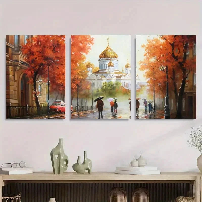 3pcs European Architecture Painting with Golden Metal Print Ready to Hang Art
