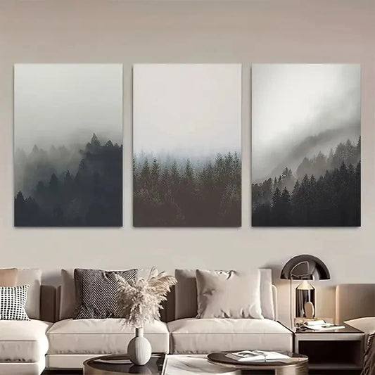 3pcs Misty Mountain Forest Nature Design Metal Print Ready to Hang Art