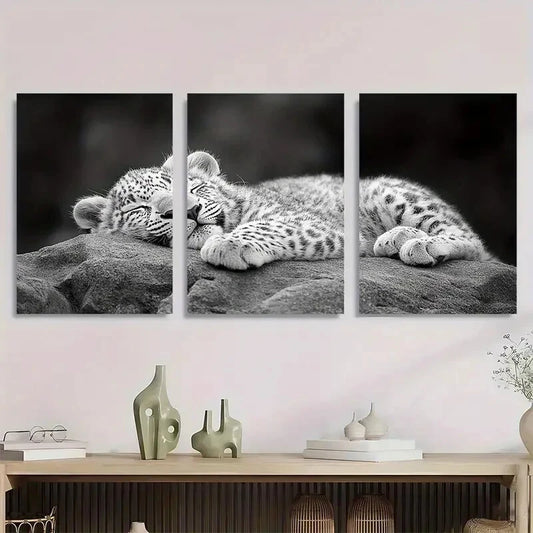 3pcs Black & White Leopard Cub Sleeping Metal Print Ready to Hang Art