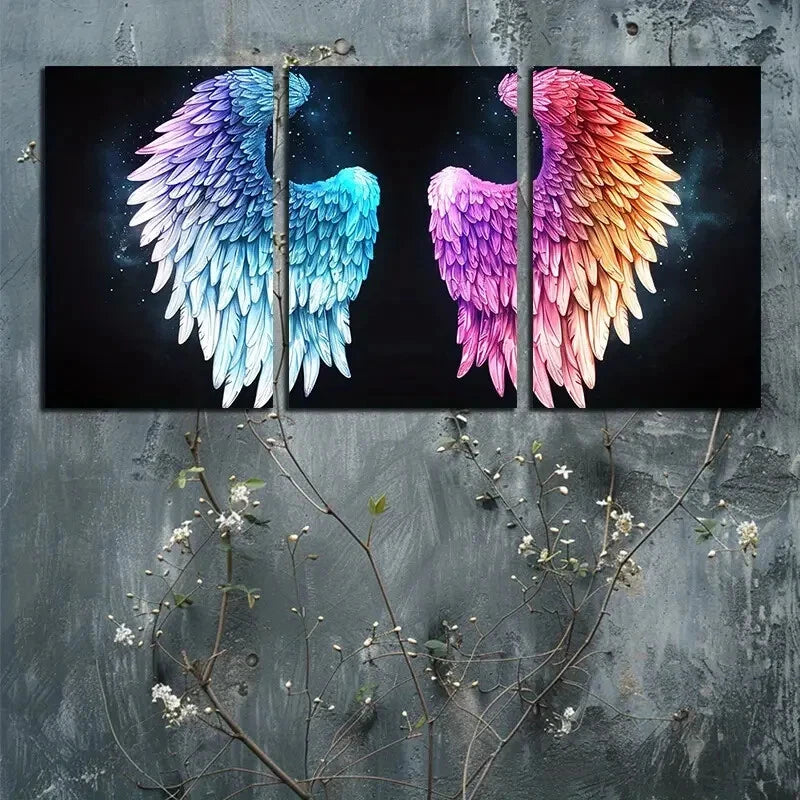 3pcs Vibrant Angel Wings in Black Background Metal Print Ready to Hang Art