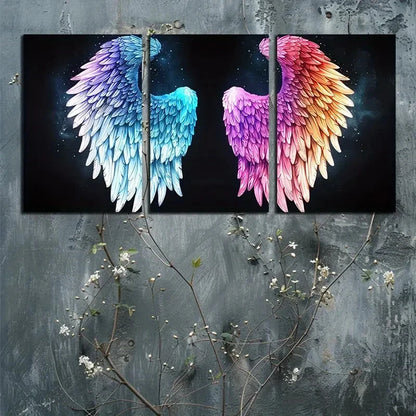 3pcs Vibrant Angel Wings in Black Background Metal Print Ready to Hang Art