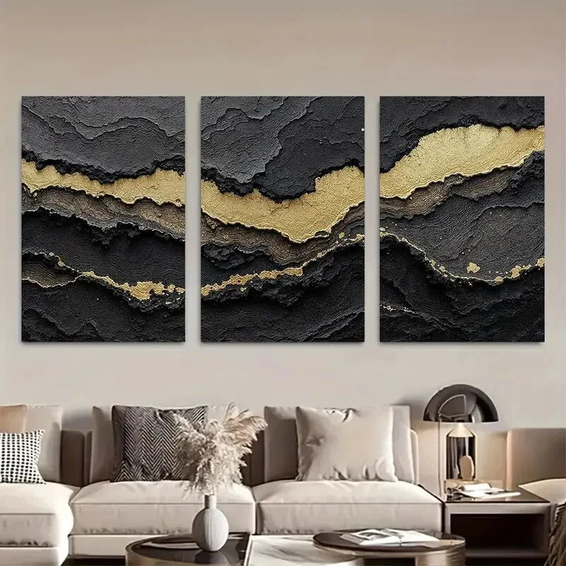3pcs Black & Golden Luxury Abstract Metal Print Ready to Hang Art