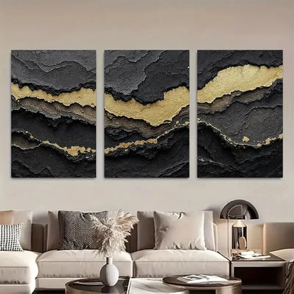 3pcs Black & Golden Luxury Abstract Metal Print Ready to Hang Art
