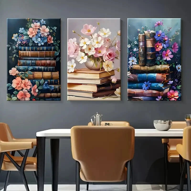 3pcs Vibrant Wildflower & Bookshelf Metal Print Ready to Hang Art