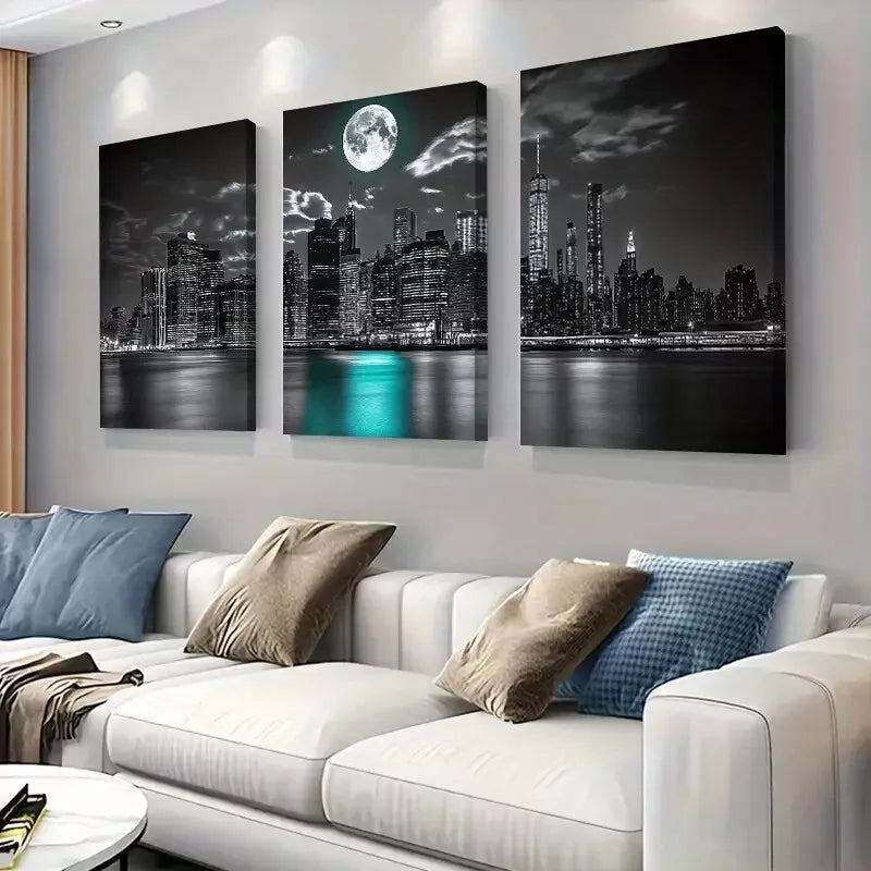 3pcs Black & White Cityscape with MoonlightArt Set Canvas Framed 50x70cm -  High Quality Print 100% Australian Made Wall Canvas Ready to Hang