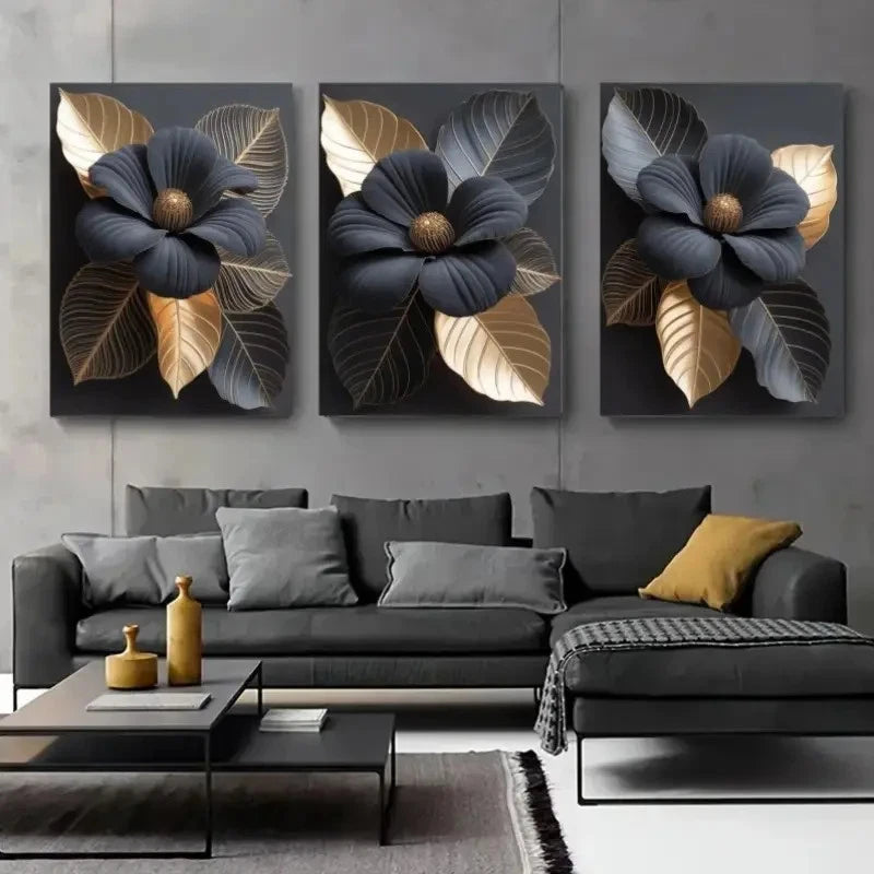 3pcs Golden Leaves and Dark Flowers Metal Print Ready to Hang Art