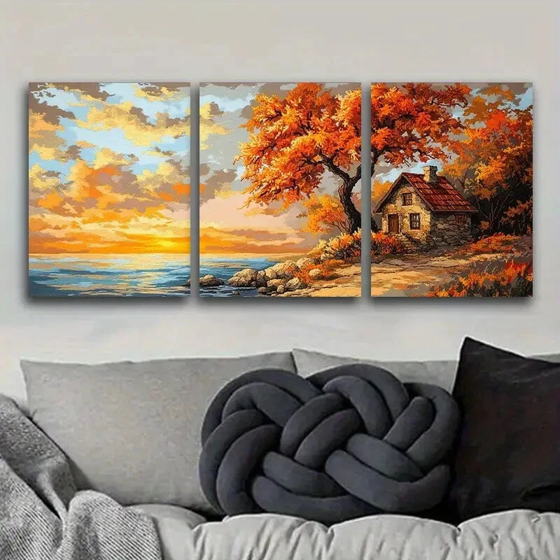 3pcs Vibrant Coastal Sunset Landscape with Autumn Metal Print Ready to Hang Art