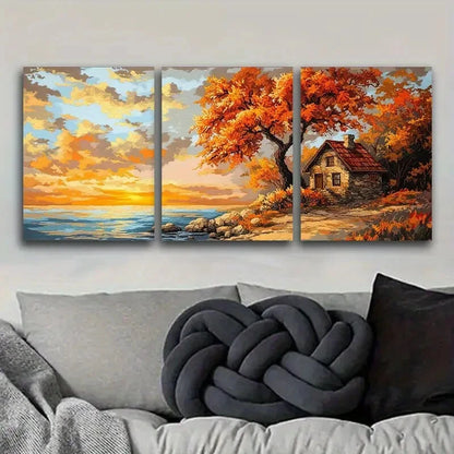 3pcs Vibrant Coastal Sunset Landscape with Autumn Metal Print Ready to Hang Art