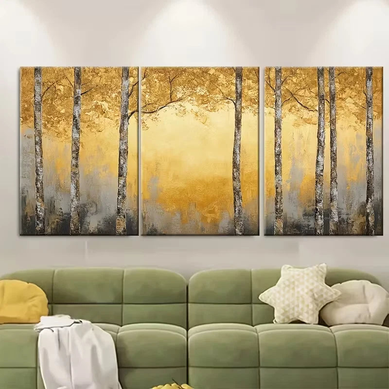 3pcs Golden Birch Forest Painting Metal Print Ready to Hang Art