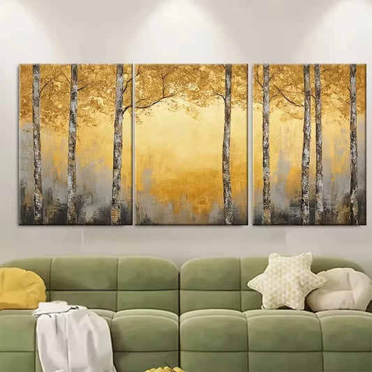 3pcs Golden Birch Forest Painting Metal Print Ready to Hang Art