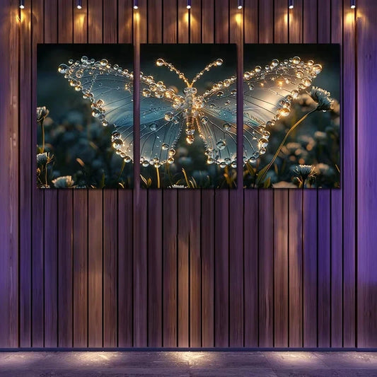 3pcs Water Drops Butterfly against floral Design Metal Print Ready to Hang Art
