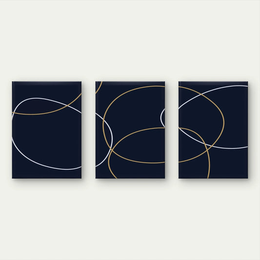 3pcs Navy Blue and Gold Intersecting Line Art Wall Art Set Canvas Framed 50x70cm - High Quality Print 100% Australian Made Wall Canvas Ready to Hang