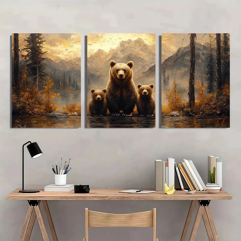 Three-panel wall art of bears in a forest setting above a wooden desk.
