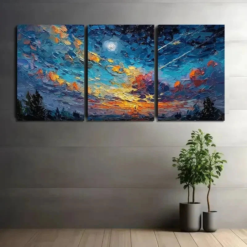 3pcs Night Sky with Shooting Stars Oil Painting Metal Print Ready to Hang Art