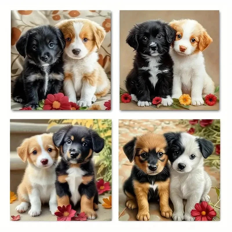 4pcs Charming Puppy & Puppy SeriesWall Art Canvas Framed