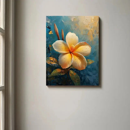 Painting of a yellow flower on a blue background hanging on a wall.