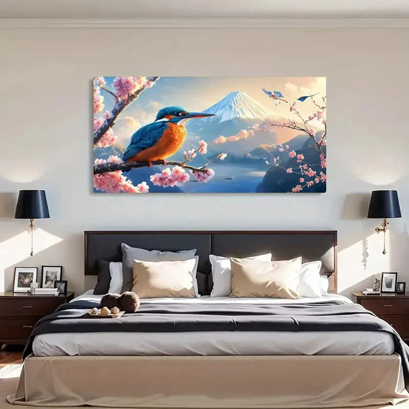 Kingfisher & Cherry Blossoms Wall Art Canvas Office Home Room Framed 120x60cm
