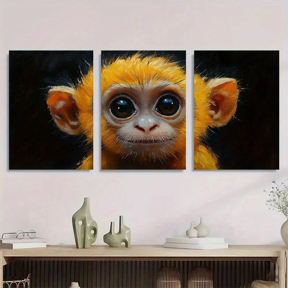 3pcs Little Monkey Painting Black Eyes Metal Print Ready to Hang Art