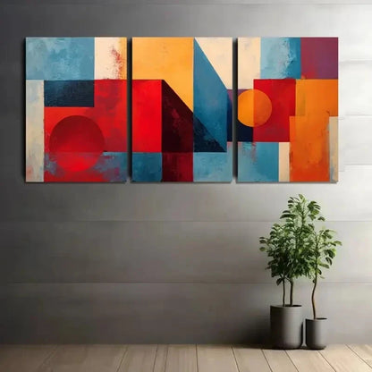 3pcs Geometric Shapes in Red and Blue Abstract Metal Print Ready to Hang Art