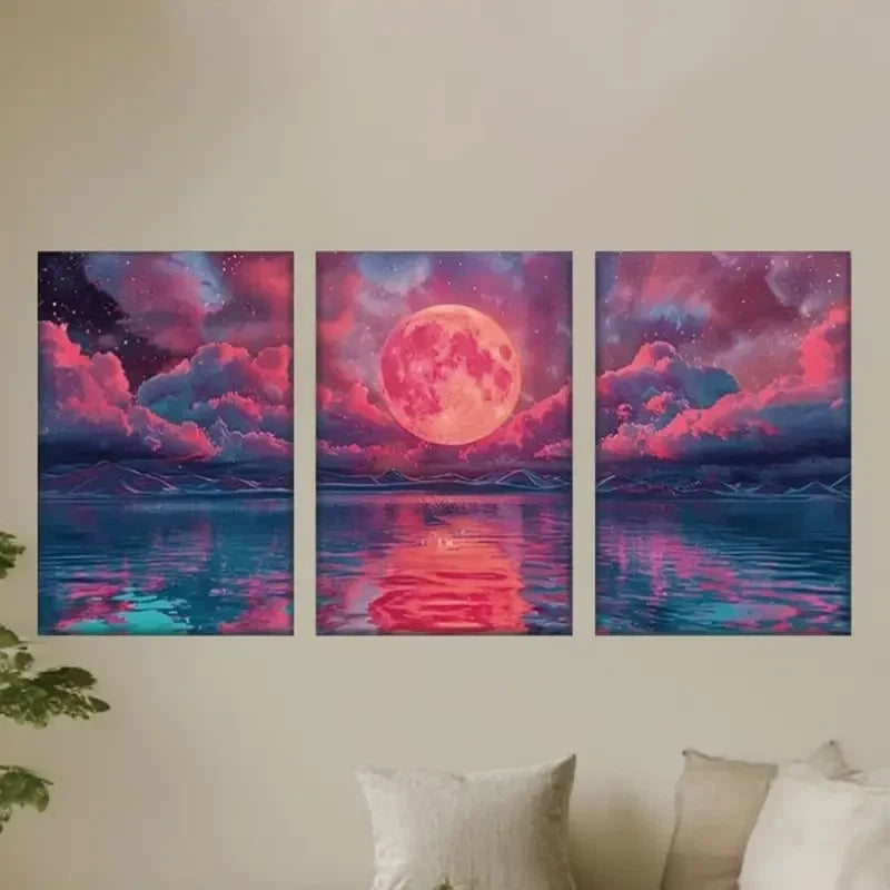 3pcs Full Moon Water Surface Metal Print Ready to Hang Art