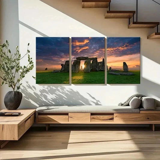 3pcs Stonehenge at Sunset Travel Attraction Wall Art Set Canvas Framed 40x60cm - High Quality Print 100% Australian Made Wall Canvas Ready to Hang